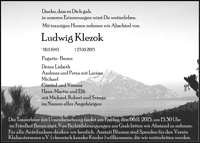  Traueranzeige für Ludwig Klezok vom 04.11.2015 aus Nordbayerische Nachrichten Pegnitz Lokal