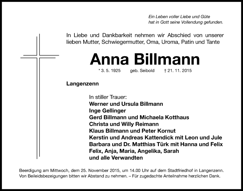  Traueranzeige für Anna Billmann vom 23.11.2015 aus Fürther Nachrichten Lokal