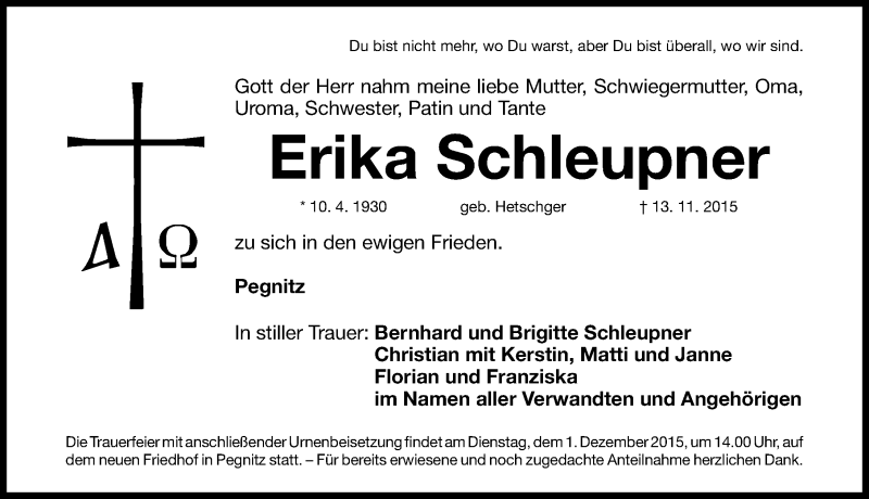  Traueranzeige für Erika Schleupner vom 28.11.2015 aus Nordbayerische Nachrichten Pegnitz Lokal