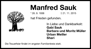 Traueranzeige von Manfred Sauk von Gesamtausgabe Nürnberger Nachrichten/ Nürnberger Ztg.