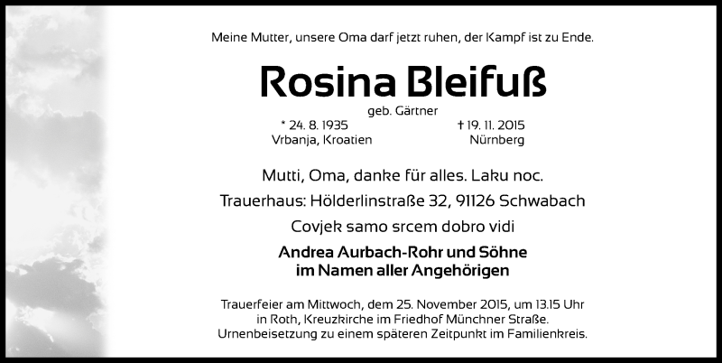  Traueranzeige für Rosina Bleifuß vom 23.11.2015 aus Roth-Hilpoltsteiner Volkszeitung Lokal