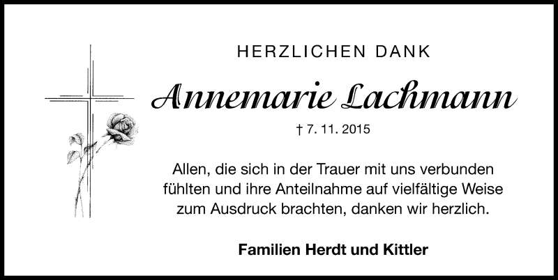 Traueranzeige für Annemarie Lachmann vom 28.11.2015 aus Gesamtausgabe Nürnberger Nachrichten/ Nürnberger Ztg.