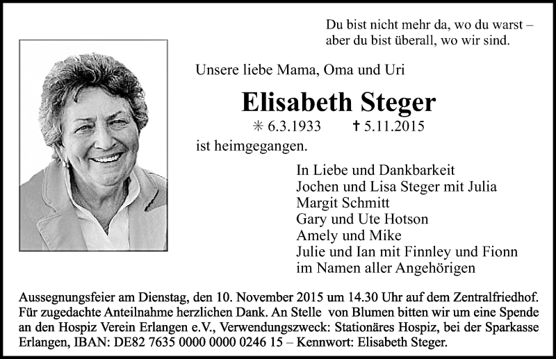  Traueranzeige für Elisabeth Steger vom 07.11.2015 aus Erlanger Nachrichten Lokal