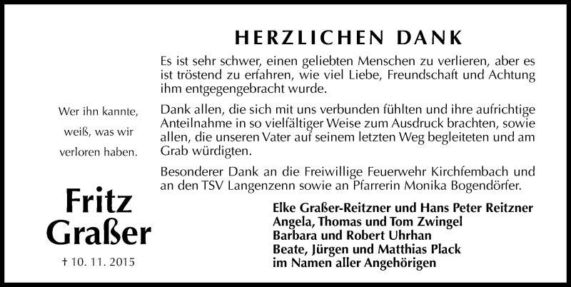  Traueranzeige für Fritz Graßer vom 28.11.2015 aus Fürther Nachrichten Lokal