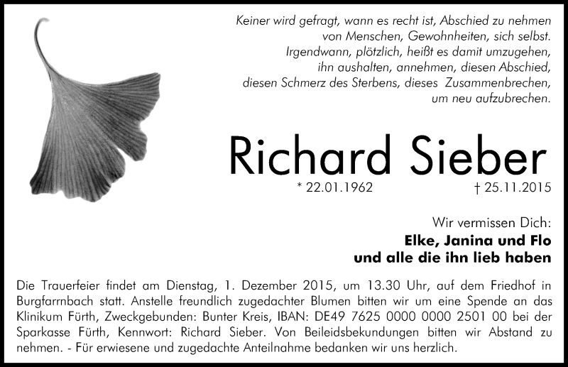  Traueranzeige für Richard Sieber vom 28.11.2015 aus Gesamtausgabe Nürnberger Nachrichten/ Nürnberger Ztg.