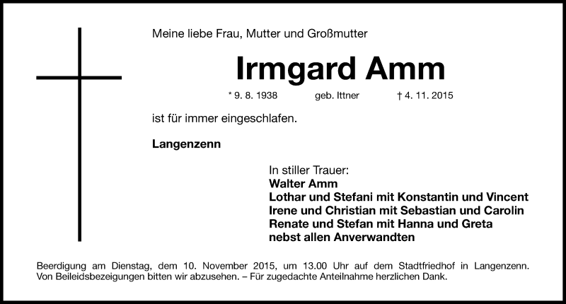  Traueranzeige für Irmgard Amm vom 07.11.2015 aus Fürther Nachrichten Lokal
