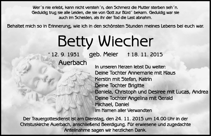  Traueranzeige für Betty Wiecher vom 21.11.2015 aus Nordbayerische Nachrichten Pegnitz Lokal