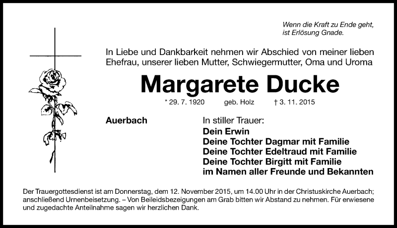  Traueranzeige für Margarete Ducke vom 07.11.2015 aus Nordbayerische Nachrichten Pegnitz Lokal