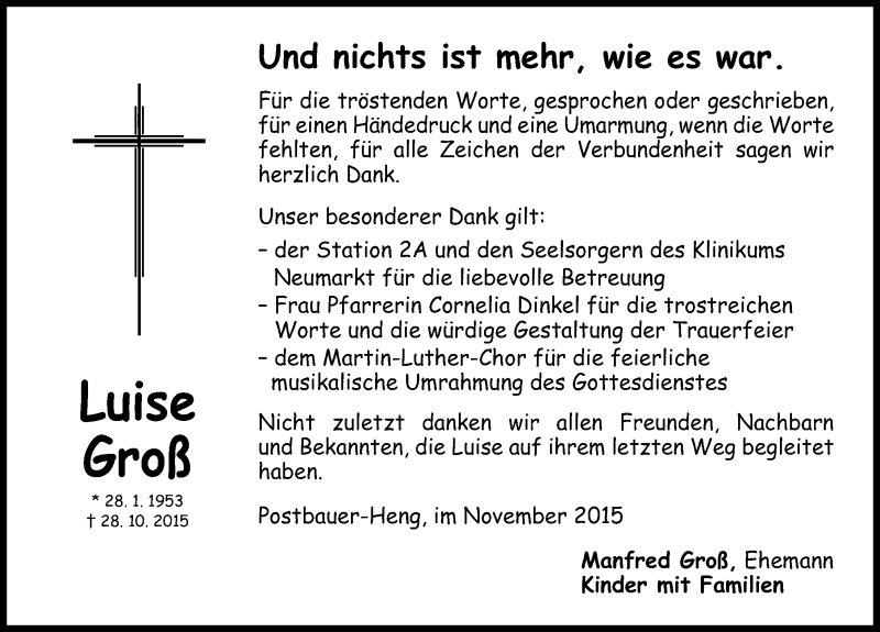  Traueranzeige für Luise Groß vom 21.11.2015 aus Neumarkter Nachrichten Lokal