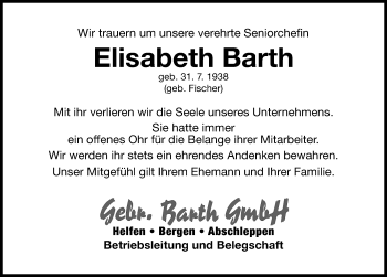 Traueranzeige von Elisabeth Barth von Erlanger Nachrichten/ Nordbayer. Nachrichten Forchheim