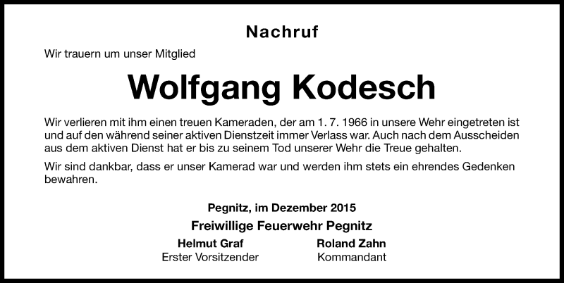  Traueranzeige für Wolfgang Kodesch vom 16.12.2015 aus Nordbayerische Nachrichten Pegnitz Lokal