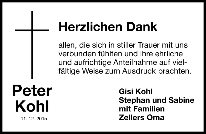  Traueranzeige für Peter Kohl vom 24.12.2015 aus Gesamtausgabe Nürnberger Nachrichten/ Nürnberger Ztg.