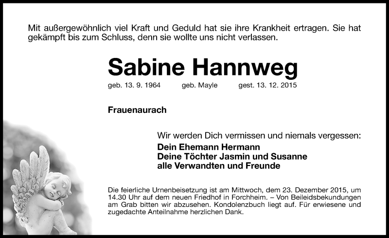  Traueranzeige für Sabine Hannweg vom 19.12.2015 aus Erlanger Nachrichten Lokal