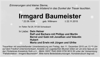 Traueranzeige von Irmgard Baumeister von Schwabach