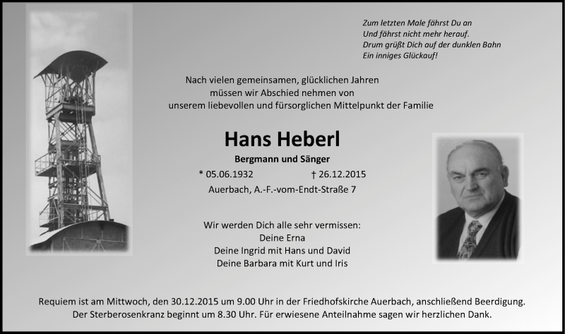  Traueranzeige für Hans Heberl vom 28.12.2015 aus Nordbayerische Nachrichten Pegnitz Lokal
