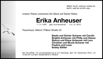 Traueranzeige von Erika Anheuser von Gesamtausgabe Nürnberger Nachrichten/ Nürnberger Ztg.