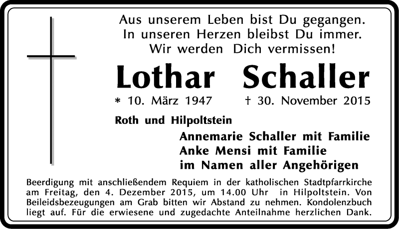  Traueranzeige für Lothar Schaller vom 02.12.2015 aus Roth-Hilpoltsteiner Volkszeitung Lokal