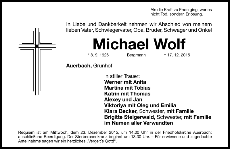  Traueranzeige für Michael Wolf vom 19.12.2015 aus Nordbayerische Nachrichten Pegnitz Lokal