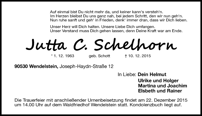  Traueranzeige für Jutta Schelhorn vom 19.12.2015 aus Gesamtausgabe Nürnberger Nachrichten/ Nürnberger Ztg.