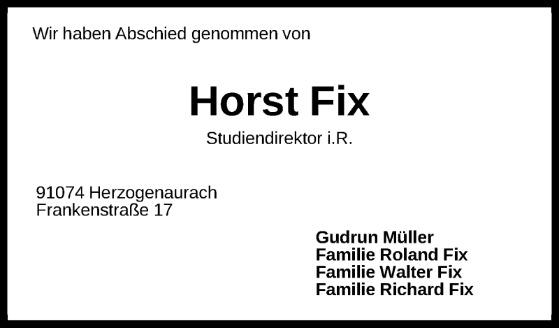  Traueranzeige für Horst Fix vom 21.12.2015 aus Gesamtausgabe Nürnberger Nachrichten/ Nürnberger Ztg.