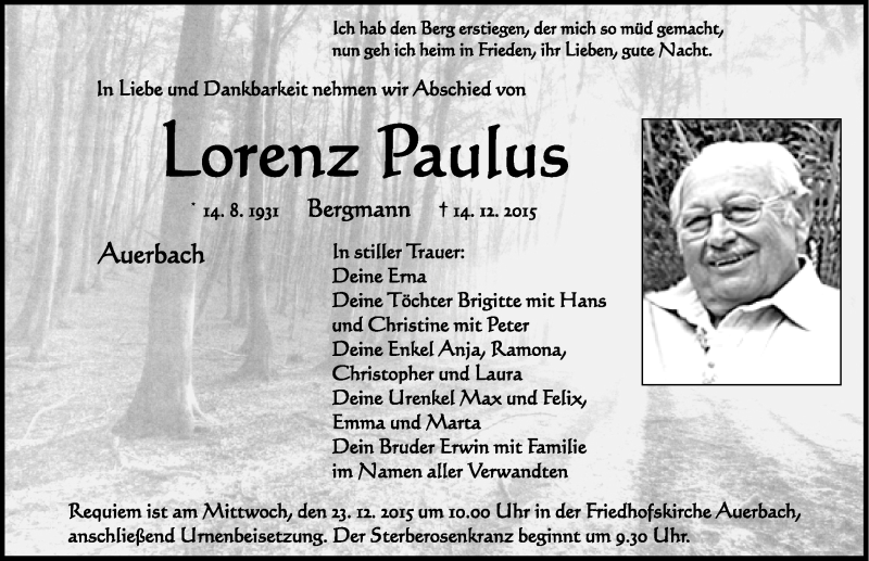  Traueranzeige für Lorenz Paulus vom 16.12.2015 aus Nordbayerische Nachrichten Pegnitz Lokal