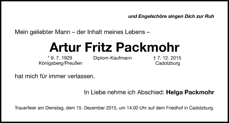  Traueranzeige für Artur Fritz Packmohr vom 12.12.2015 aus Fürther Nachrichten Lokal