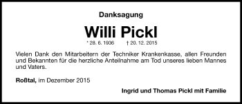 Traueranzeige von Willi Pickl von Gesamtausgabe Nürnberger Nachrichten/ Nürnberger Ztg.
