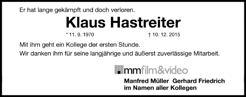  Traueranzeige für Klaus Hastreiter vom 16.12.2015 aus Gesamtausgabe Nürnberger Nachrichten/ Nürnberger Ztg.