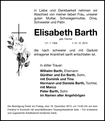 Traueranzeige von Elisabeth Barth von Nordbayerische Nachrichten Forchheim Lokal