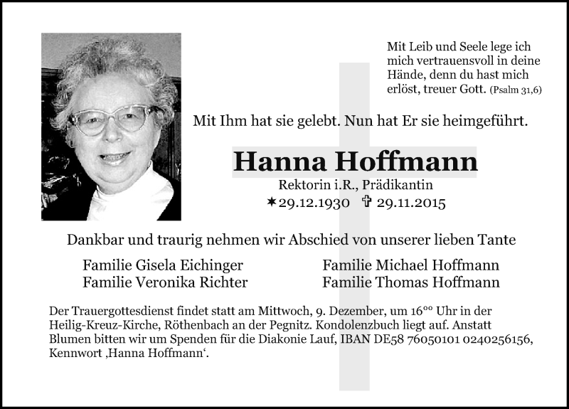 Traueranzeigen von Hanna Hoffmann | trauer.nn.de