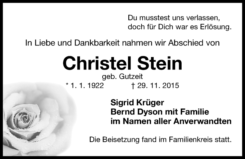  Traueranzeige für Christel Stein vom 12.12.2015 aus Erlanger Nachrichten Lokal