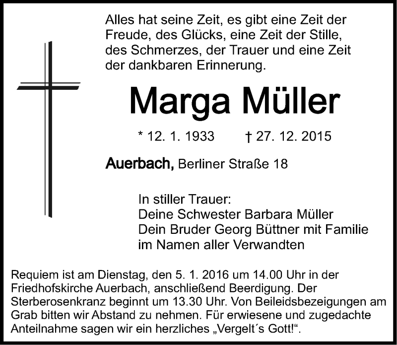  Traueranzeige für Marga Müller vom 30.12.2015 aus Nordbayerische Nachrichten Pegnitz Lokal