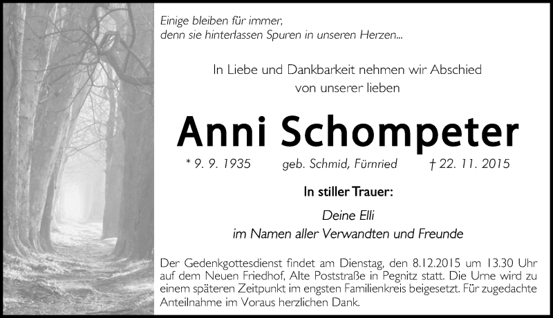  Traueranzeige für Anni Schompeter vom 05.12.2015 aus Nordbayerische Nachrichten Pegnitz Lokal