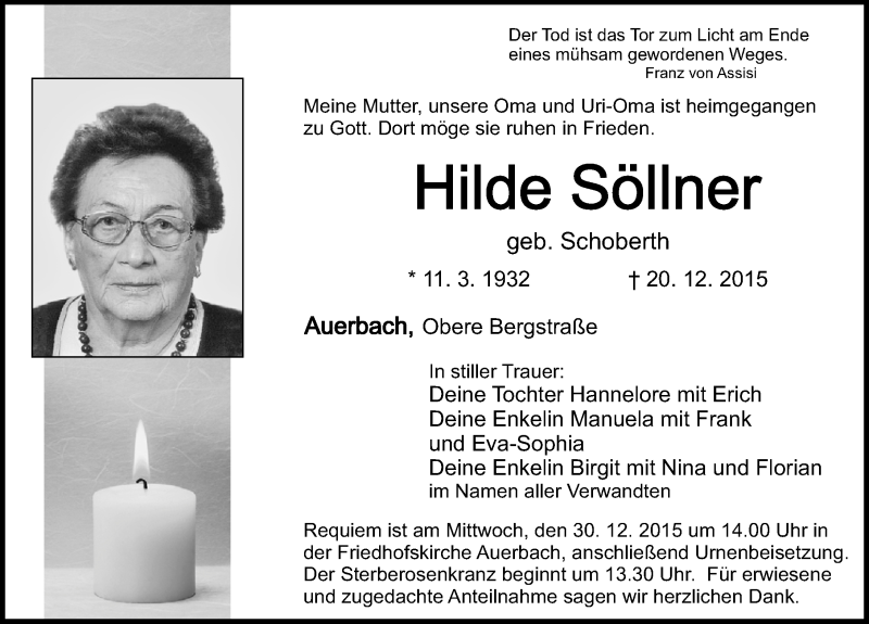  Traueranzeige für Hilde Söllner vom 24.12.2015 aus Nordbayerische Nachrichten Pegnitz Lokal