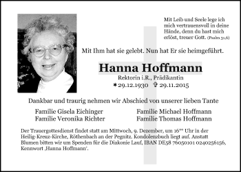 Traueranzeigen von Hanna Hoffmann | trauer.nn.de