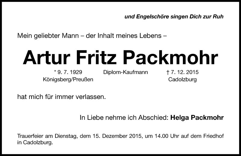  Traueranzeige für Artur Fritz Packmohr vom 12.12.2015 aus Gesamtausgabe Nürnberger Nachrichten/ Nürnberger Ztg.