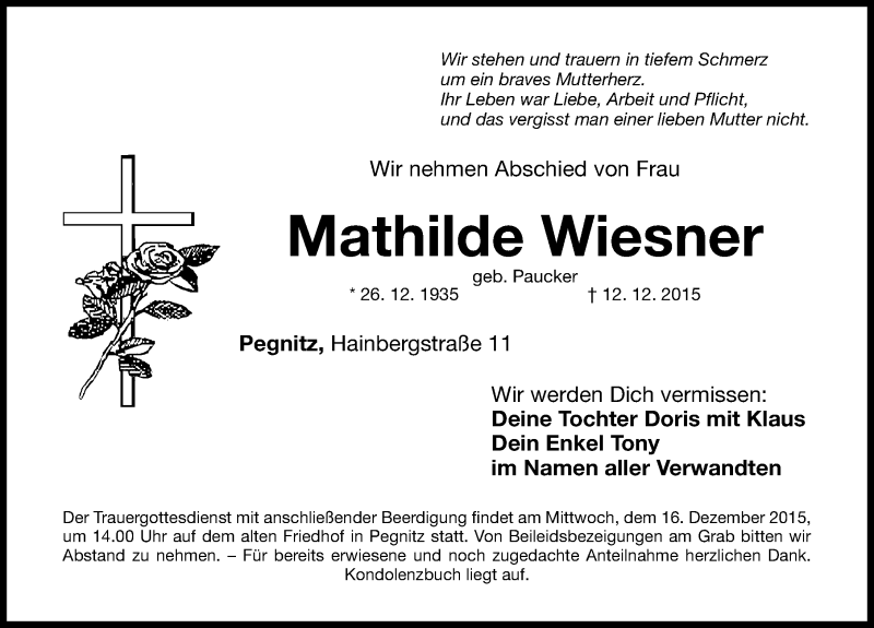  Traueranzeige für Mathilde Wiesner vom 15.12.2015 aus Nordbayerische Nachrichten Pegnitz Lokal