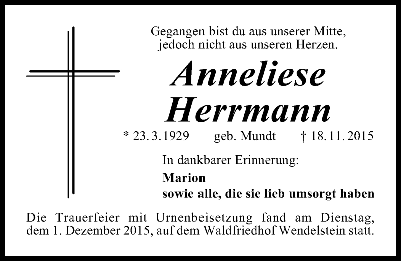  Traueranzeige für Anneliese Herrmann vom 05.12.2015 aus Schwabach