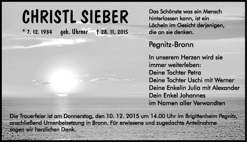  Traueranzeige für Christl Sieber vom 05.12.2015 aus Nordbayerische Nachrichten Pegnitz Lokal