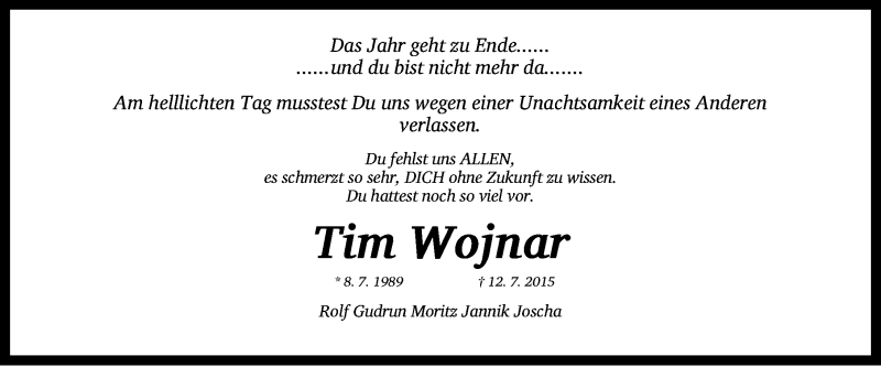  Traueranzeige für Tim Wojnar vom 30.12.2015 aus Gesamtausgabe Nürnberger Nachrichten/ Nürnberger Ztg.