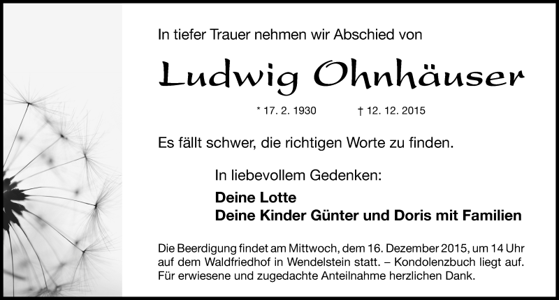  Traueranzeige für Ludwig Ohnhäuser vom 14.12.2015 aus Gesamtausgabe Nürnberger Nachrichten/ Nürnberger Ztg.