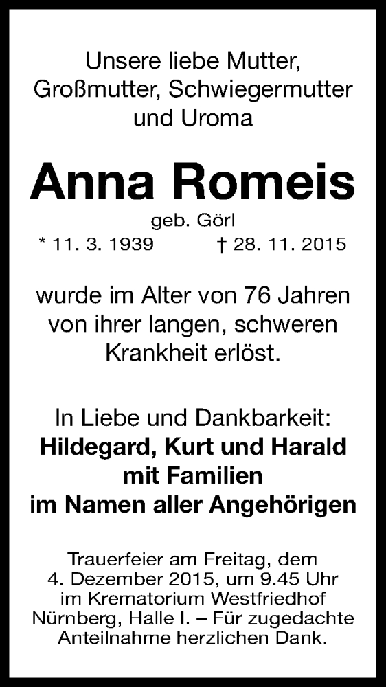  Traueranzeige für Anna Romeis vom 02.12.2015 aus Gesamtausgabe Nürnberger Nachrichten/ Nürnberger Ztg.