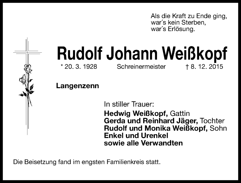  Traueranzeige für Rudolf Johann Weißkopf  vom 16.12.2015 aus Fürther Nachrichten Lokal