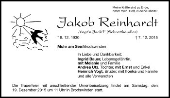 Traueranzeige von Jakob Reinhardt von Altmühl-Bote Lokal