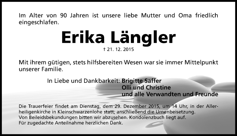  Traueranzeige für Erika Längler vom 24.12.2015 aus Gesamtausgabe Nürnberger Nachrichten/ Nürnberger Ztg.