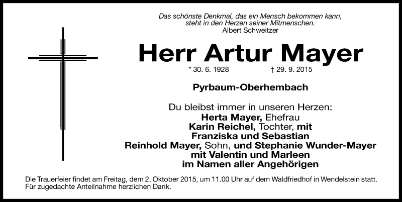 Traueranzeige für Artur Mayer vom 01.10.2015 aus Gesamtausgabe Nürnberger Nachrichten/ Nürnberger Ztg.