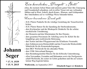 Traueranzeige von Johann Seger von Neumarkter Nachrichten Lokal