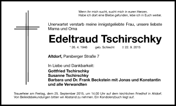 Traueranzeige von Edeltraud Tschirschky von Gesamtausgabe Nürnberger Nachrichten/ Nürnberger Ztg.