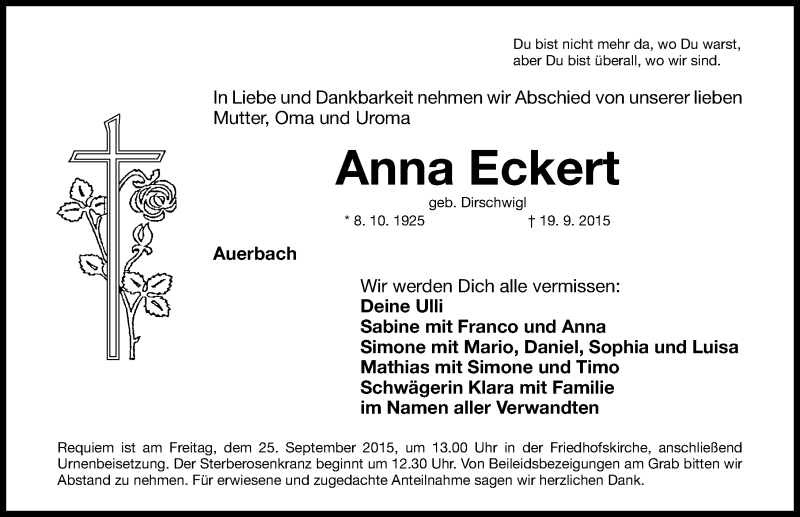  Traueranzeige für Anna Eckert vom 21.09.2015 aus Nordbayerische Nachrichten Pegnitz Lokal