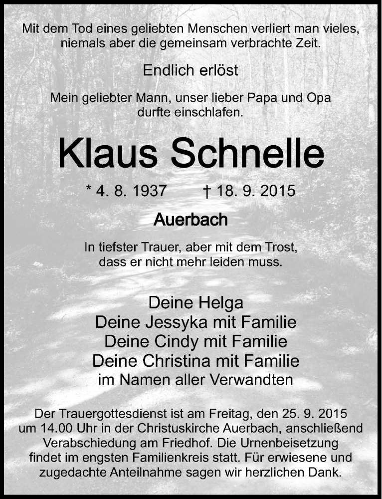  Traueranzeige für Klaus Schnelle vom 21.09.2015 aus Nordbayerische Nachrichten Pegnitz Lokal